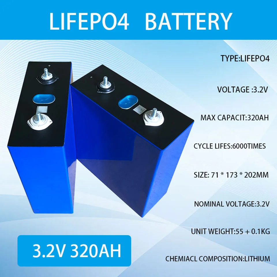 3.2V 320AH cells BRAND NEW 48V Lifepo4 320AH battery 310AH Grade A 12V 24V Rechargeable Battery Pack EU US Tax Free With Busbars 
3.2V 320AH cells BRAND NEW 48V Lifepo4 320AH battery 310AH Grade A 12V 24V Rechargeable Battery Pack EU US Tax Free With Busbars
