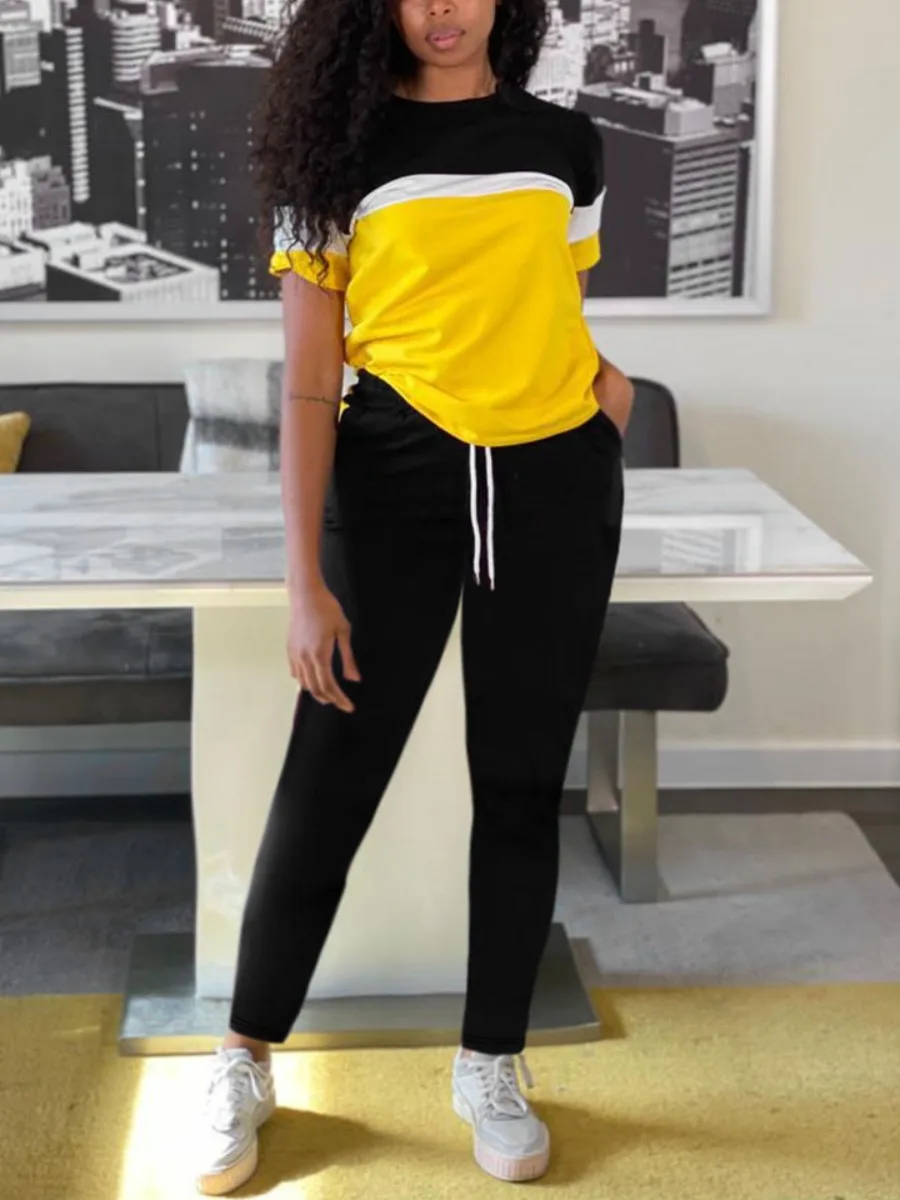 LW Color Contrast Drawstring Pants Set summer Autumn Women Two Piece Set Short Sleeve T shirt Top and Drawstring Pants Set
LW Color Contrast Drawstring Pants Set summer Autumn Women Two Piece Set Short Sleeve T shirt Top and Drawstring Pants Set