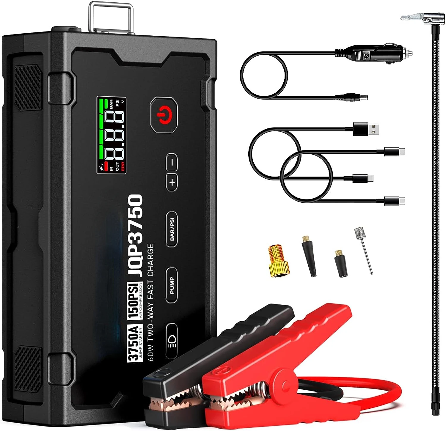 Jump Starter with Air Compressor, 3750 Amp 12V Lithium Battery Pack with PD 60W Two-Way Fast Charging, 150PSI Digital Tire Infla
Jump Starter with Air Compressor, 3750 Amp 12V Lithium Battery Pack with PD 60W Two-Way Fast Charging, 150PSI Digital Tire Infla