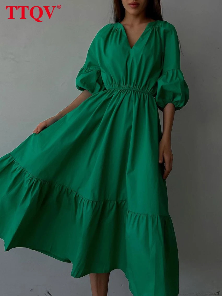 

Модное зеленое женское летнее платье TTQV 2022, винтажные офисные платья миди с пышными рукавами, элегантное Плиссированное женское платье с вы...