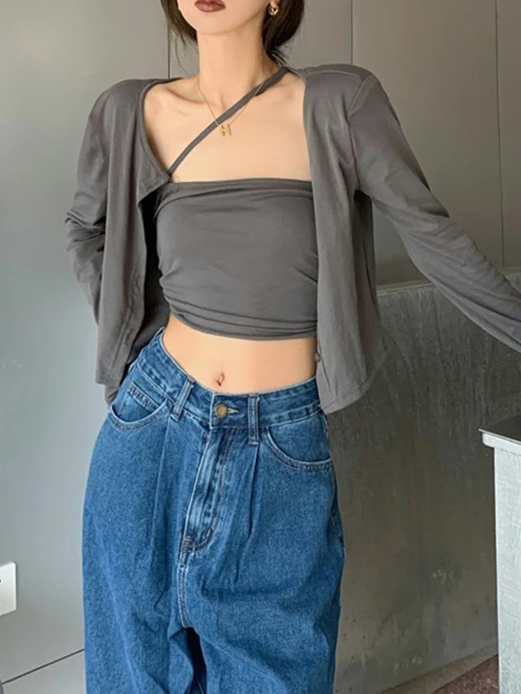 Sexy T-shirt Women Long Sleeve Two Piece Tops Solid Irregual Tank + Cardigan E Girl Crop Tops Spring Fashion Tee Tops Y537
Sexy T-shirt Women Long Sleeve Two Piece Tops Solid Irregual Tank + Cardigan E Girl Crop Tops Spring Fashion Tee Tops Y537
