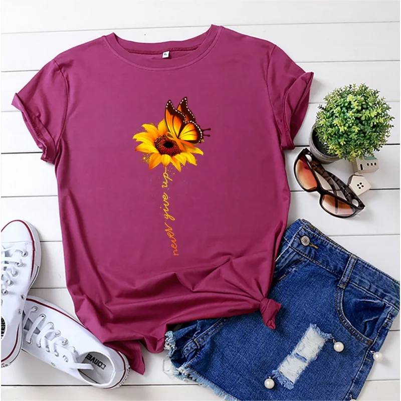 Fashion Trendy Sunflower Butterfly Letter Pattern Women Cotton T-shirt Large Round Neck Short Sleeves Women's Tops Free Shipping
Fashion Trendy Sunflower Butterfly Letter Pattern Women Cotton T-shirt Large Round Neck Short Sleeves Women's Tops Free Shipping