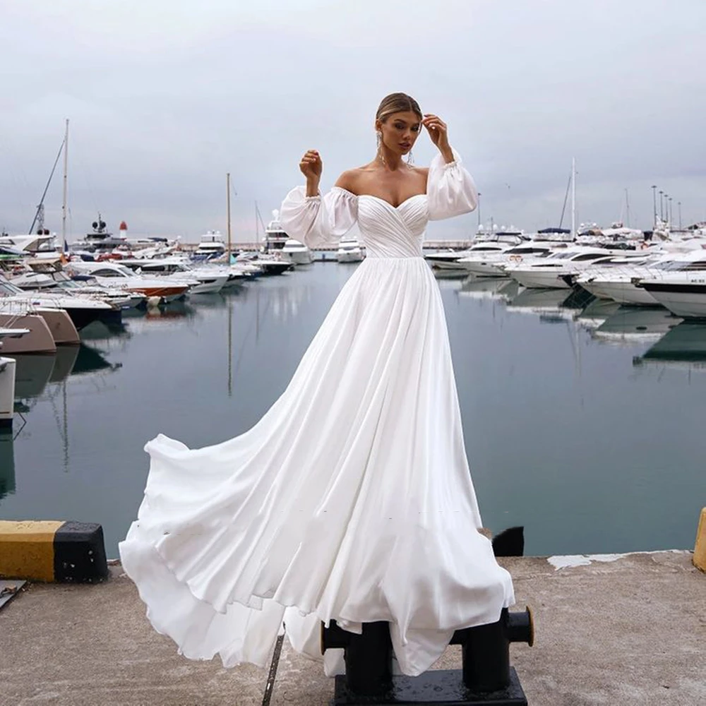 2022 Sexy Sweetheart Chiffon Wedding Dress For Women Puff Sleeves Sweep Train Bridal Gown Open Back Custom Made Vestido De Novia
2022 Sexy Sweetheart Chiffon Wedding Dress For Women Puff Sleeves Sweep Train Bridal Gown Open Back Custom Made Vestido De Novia