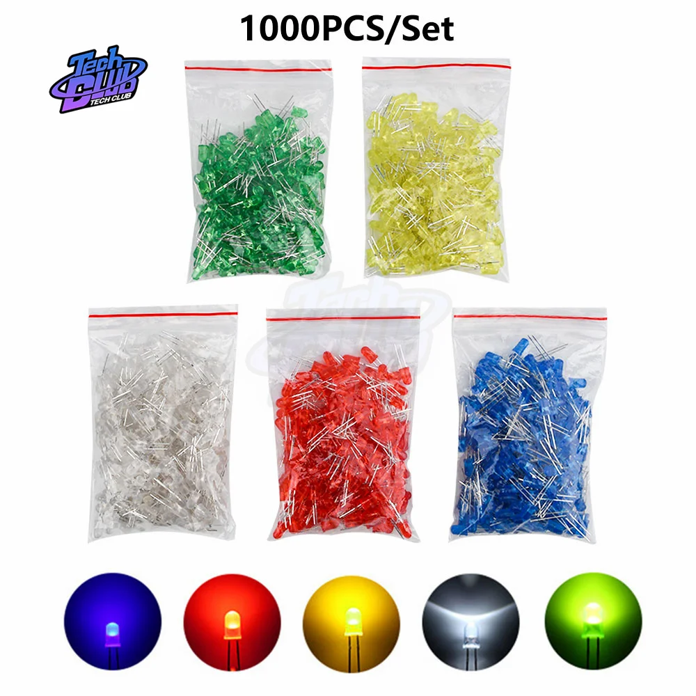 

1000CS F5 5MM LED Diode Assorted Kit Straw Hat LED Diodes White Red Blue Green Yellow DIY Light Emitting Diodes Tool Accessories