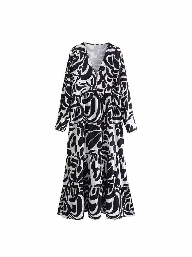 Women summer New Fashion Buckle decoration Loose V Neck Print Midi Dress Vintage Long Sleeve Female Dresses Vestidos Mujer
Women summer New Fashion Buckle decoration Loose V Neck Print Midi Dress Vintage Long Sleeve Female Dresses Vestidos Mujer