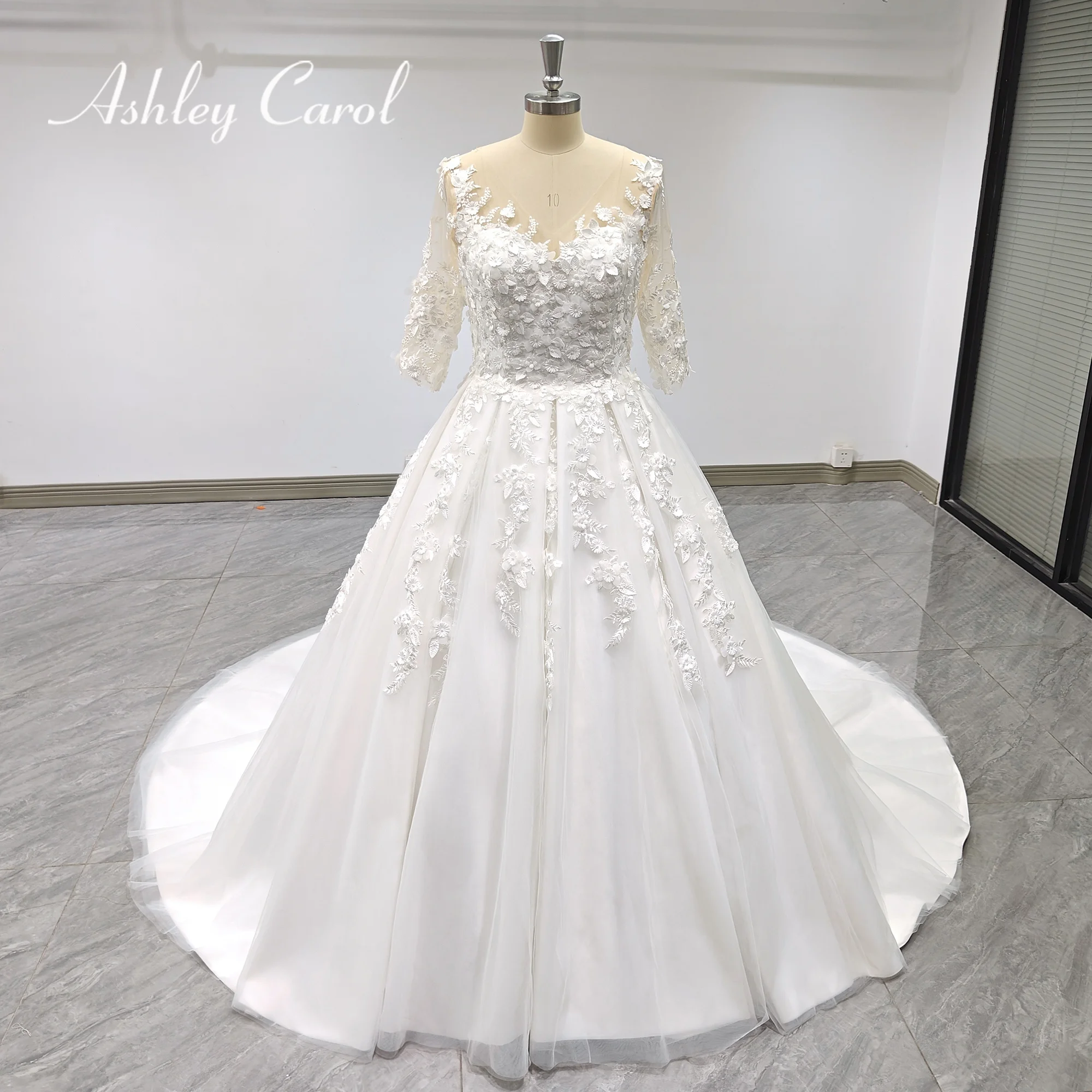 

Ashley Carol A-Line Wedding Dress Real photos 2023 Long Sleeve Princess Scoop 3D Beading Flowers Bridal Gown Vestidos De Novia