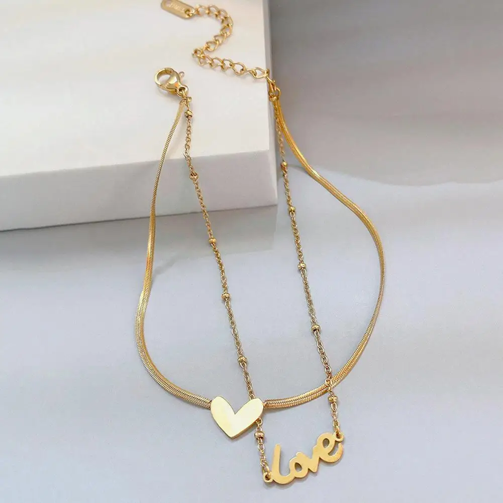 

Women Anklet Heart-shaped Double-layer Steel Korean Color Fashion Not Anklets Anklet Jewelry Letter Gold Fade Does R7u9