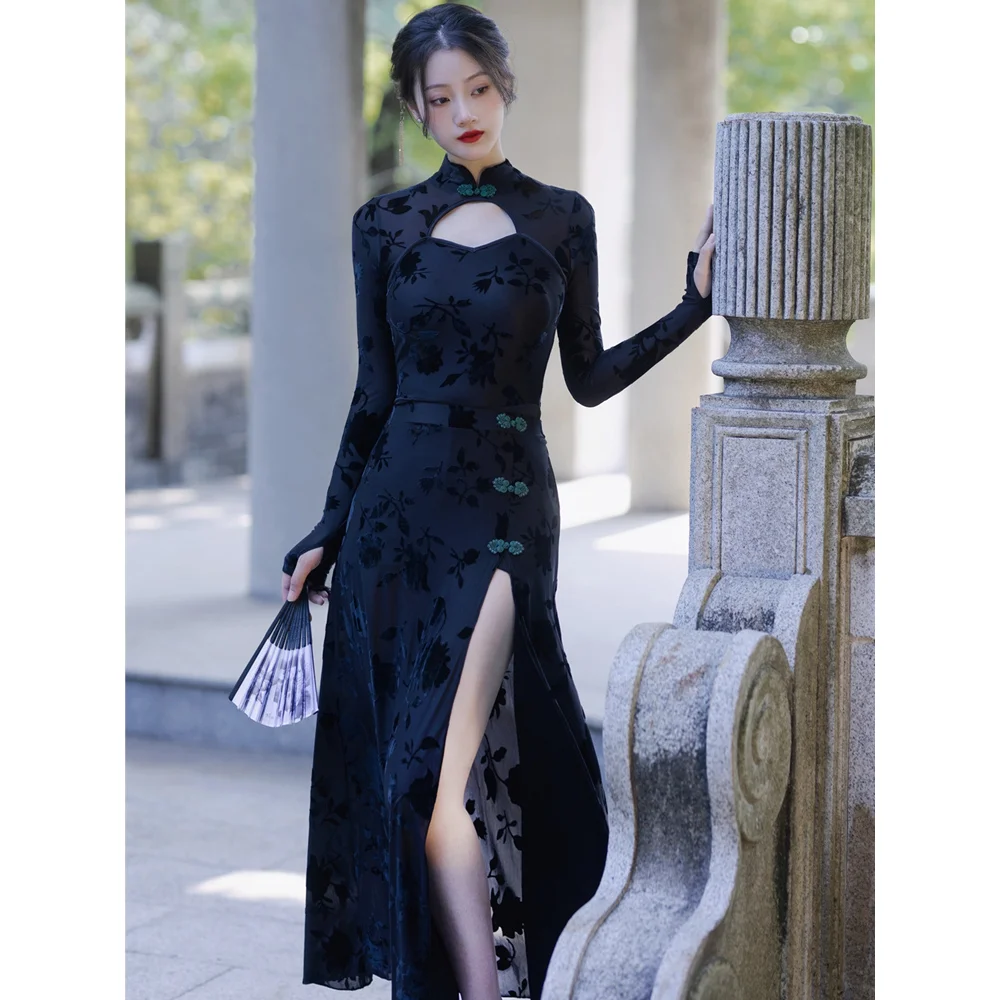 

Традиционный Чонсам Qipao для женщин, облегающее черное платье с вырезами и принтом, обтягивающее пикантное вечернее платье Qipao с высоким разрезом для выпускного вечера