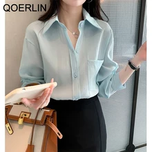 QOERLIN S-4XL Pocket Shirts Women Spring Summer 2022 New Korean Fashion Loose Casual Blouse Big Size Blue Tops Office Ladies