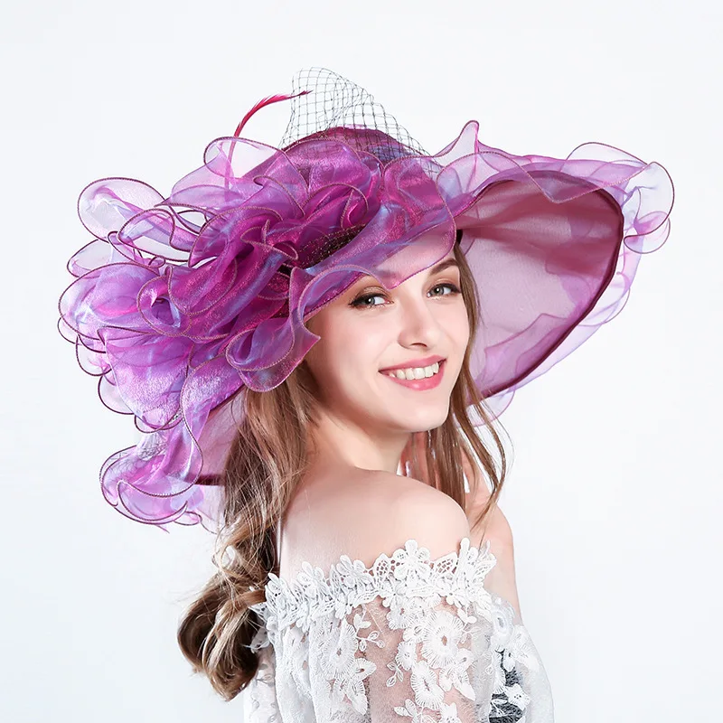 

Elegant Summer Beach Sun Wide Hat For Women Organza Tea Party Large Big Brim Fedora Cap Kentucky Derby Wedding Fascinators