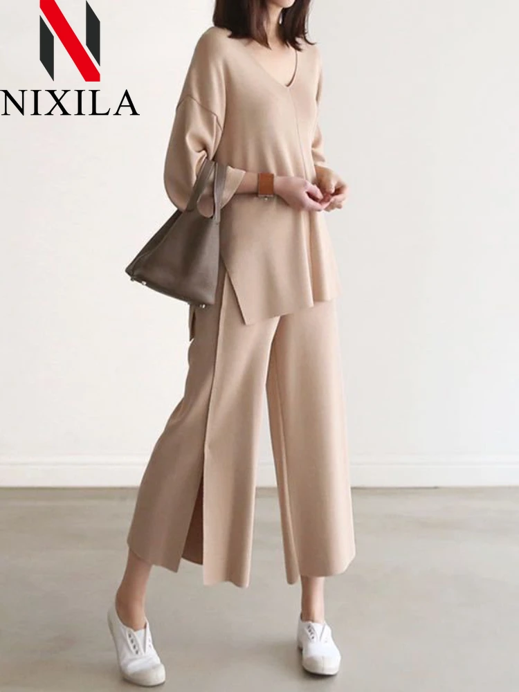 Spring Autumn V-Neck Women Blazer Suits Knitted Sweater Two Pieces Sets Loose Pullovers Tops Wide-Leg Pants Knitwear 2pcs Suits
Spring Autumn V-Neck Women Blazer Suits Knitted Sweater Two Pieces Sets Loose Pullovers Tops Wide-Leg Pants Knitwear 2pcs Suits