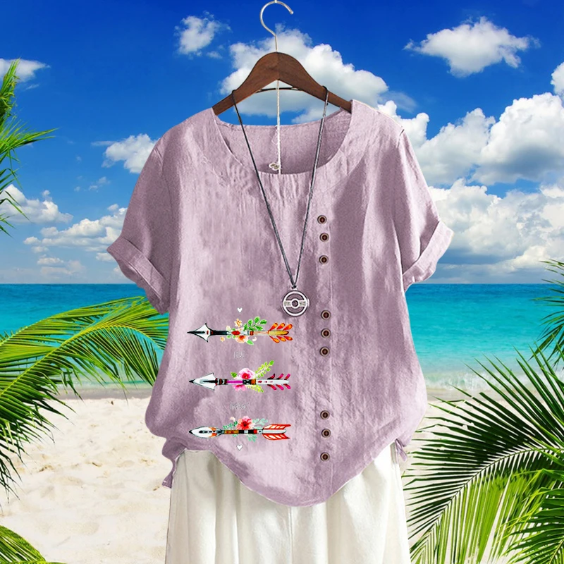 Женская льняная блузка с круглым вырезом и коротким рукавом
Женская льняная блузка с круглым вырезом и коротким рукавом