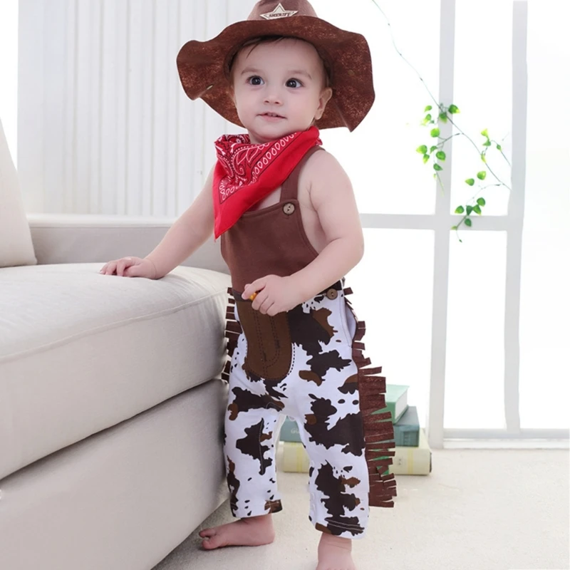 

6-12M Baby Cos-play Costume for Photography Infant Western Cowboy Costume Summer Outfit Pants Hat Scarf Shower Gift