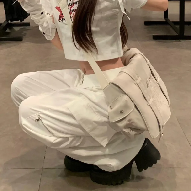 

Брюки-карго Y2k женские в стиле хиппи, уличная одежда, белые штаны в стиле оверсайз, джоггеры с широкими штанинами в Корейском стиле, модные штаны в стиле K-POP для девушек в стиле Харадзюку
