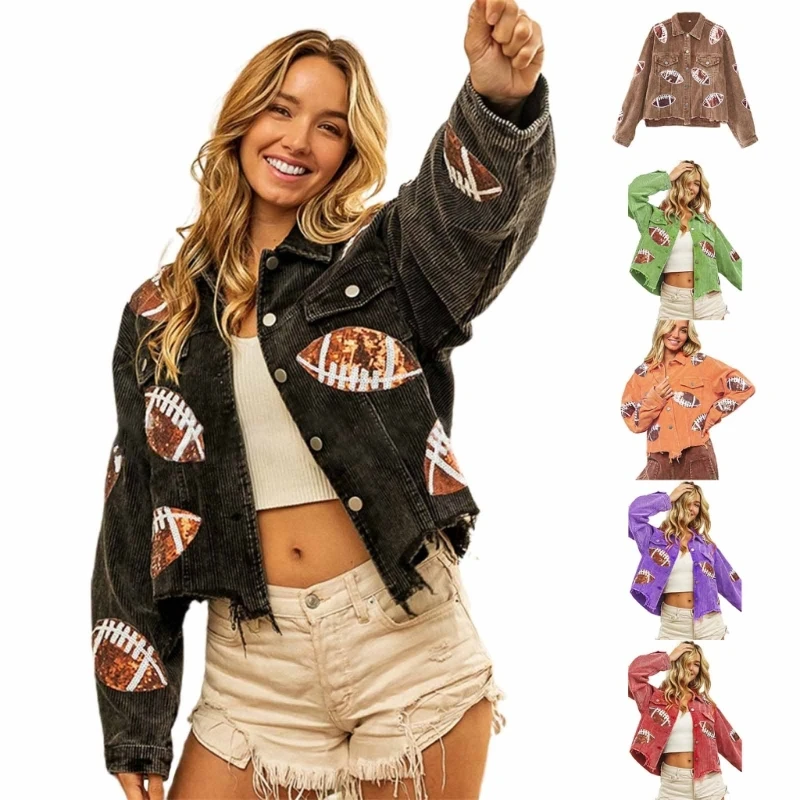 

Womens Glitter Football Patchwork Cropped Corduroy Casual Button Down Shacket Coat with Fringe Frayed Hem Dropship