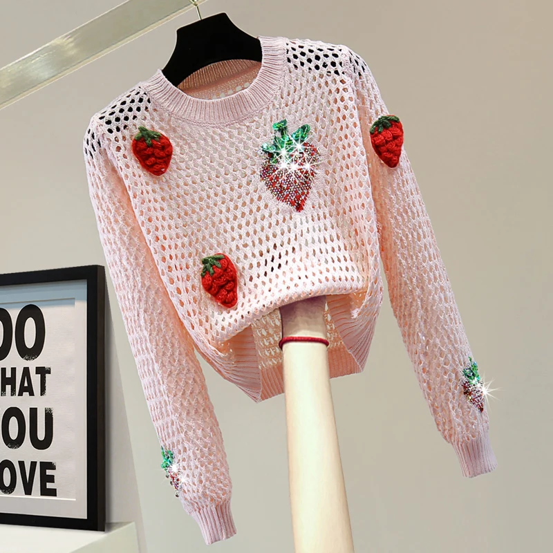 Cherry Crystal Sequins Long-Sleeved Sweater 2022 Autumn Winter Knitwear Outwear Loose Hollow Pullovers Top Women Pink Sweaters
Cherry Crystal Sequins Long-Sleeved Sweater 2022 Autumn Winter Knitwear Outwear Loose Hollow Pullovers Top Women Pink Sweaters