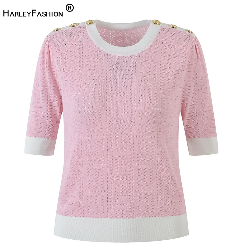 Summer Sweater Ladies Colorblock Short Sleeve Round Neck Button Hollow Out Thin Elastic Knitted Pullovers Casual Tops 3 Color
Summer Sweater Ladies Colorblock Short Sleeve Round Neck Button Hollow Out Thin Elastic Knitted Pullovers Casual Tops 3 Color