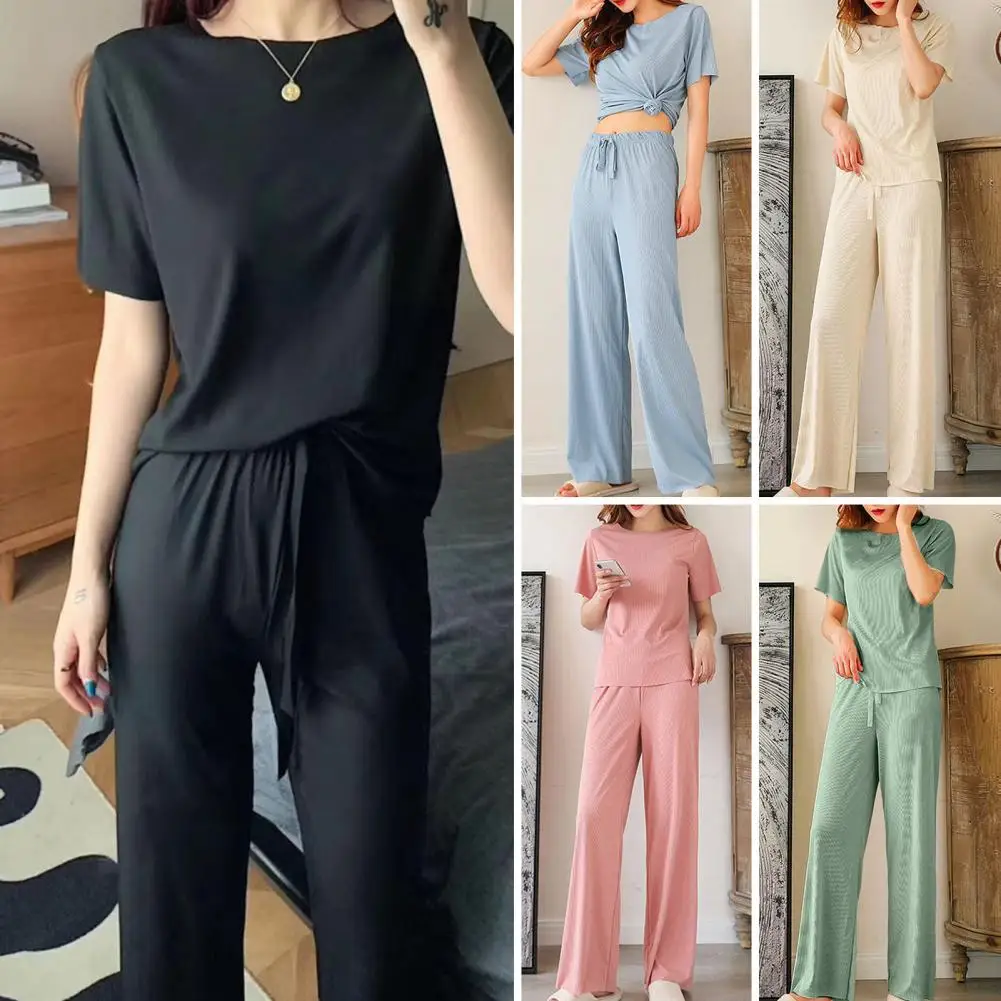 2Pcs/Set O-neck Short Sleeve Top Wide Leg Pant Set Leisure Outfit Drawstring Women Ice Silk T-shirt Pant Tracksuit Suit Homewear
2Pcs/Set O-neck Short Sleeve Top Wide Leg Pant Set Leisure Outfit Drawstring Women Ice Silk T-shirt Pant Tracksuit Suit Homewear