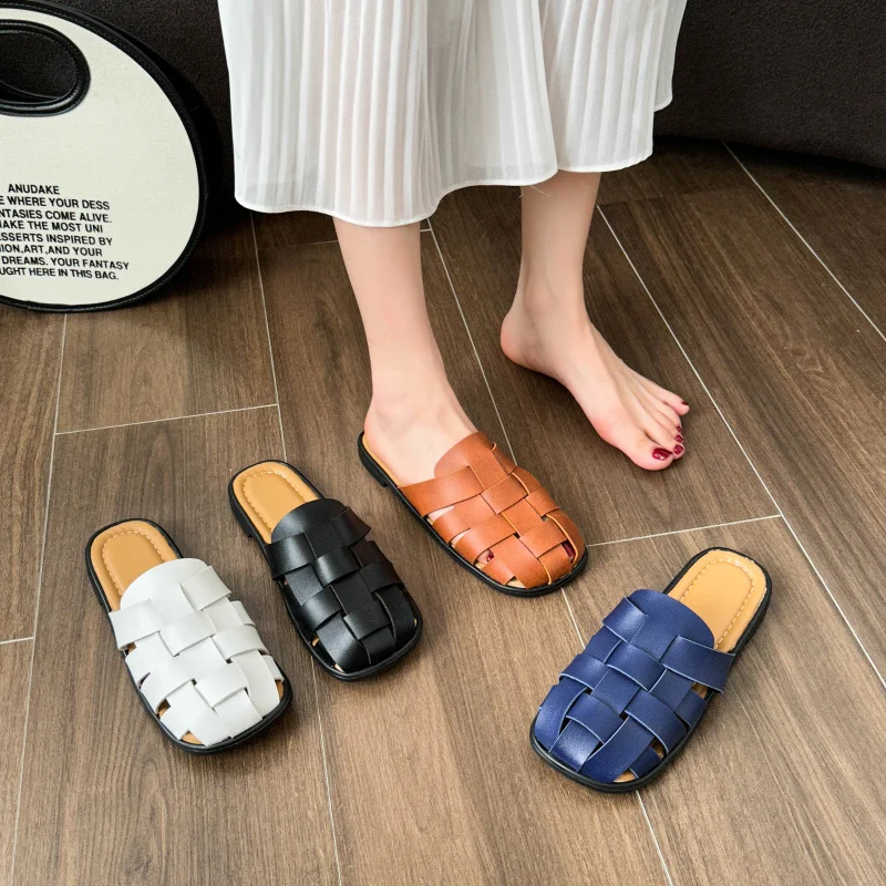 

Женские тапочки Baotou на плоской подошве, Новинка лета 2023, плетеные пляжные туфли с квадратным носком и мягкой подошвой в стиле ретро, полутапочки