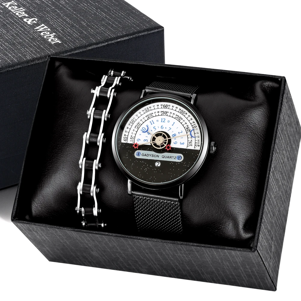 Quartz Men Watch Bracelet Set Punk Fashion Bracelet Star Moon Pointer Digital Half Turntable Auto-Date Dial Male Watches Gift
Quartz Men Watch Bracelet Set Punk Fashion Bracelet Star Moon Pointer Digital Half Turntable Auto-Date Dial Male Watches Gift