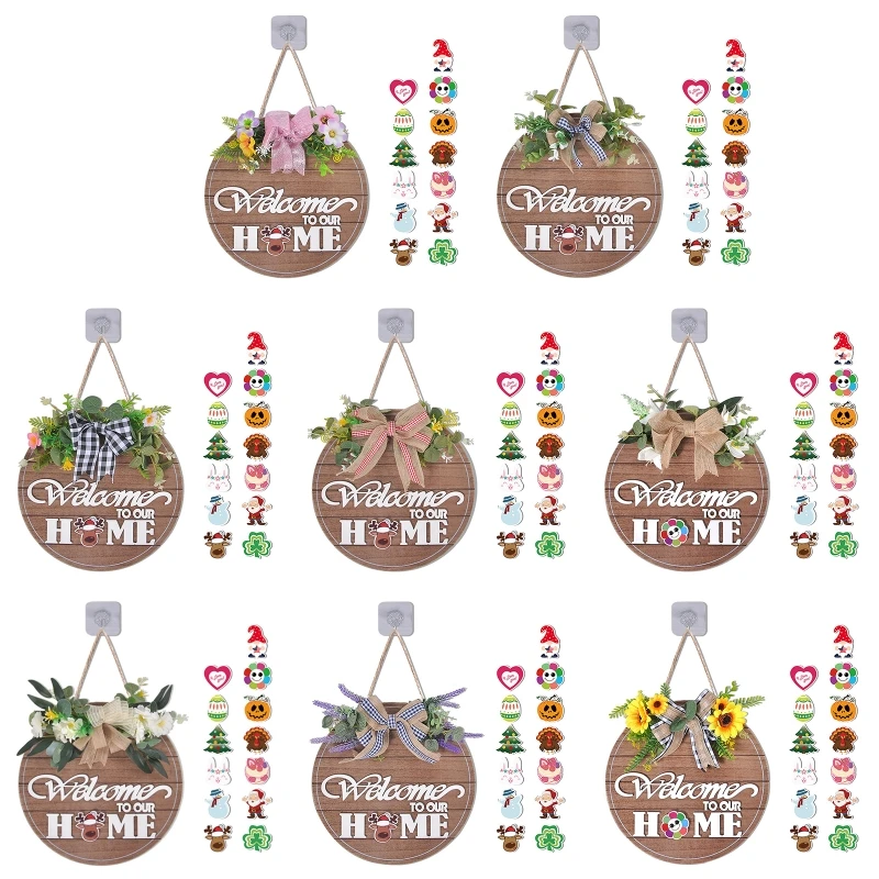Interchangeable Round Wooden Sign for Front Door Decor with 13 Seasonal Pieces Aritficial Flower Bowknot Hanging Plaque
Interchangeable Round Wooden Sign for Front Door Decor with 13 Seasonal Pieces Aritficial Flower Bowknot Hanging Plaque