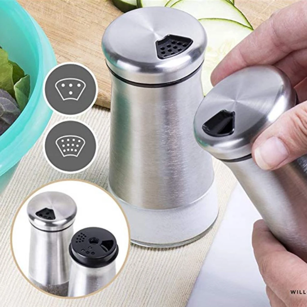 Stainless Steel Salt and Pepper Shaker with Glass Bottom Adjustable Pour Holes Spice Dispenser Kicthen Tools
Stainless Steel Salt and Pepper Shaker with Glass Bottom Adjustable Pour Holes Spice Dispenser Kicthen Tools
