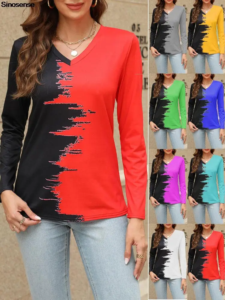 

Women Long Sleeve T Shirt Casual V Neck Basic Tees Tops Vintage Tie Dye Print Spring Autumn Slim Fit Tunics Tops S-3XL