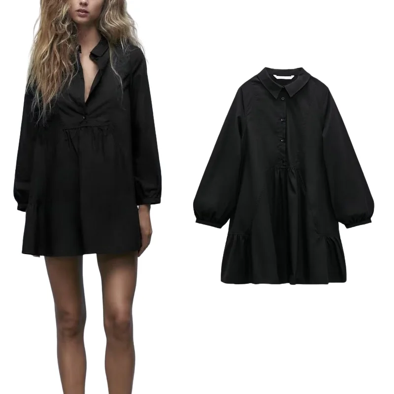 Autumn new womens fashion front button poplin mini shirt dress pleated design lapel loose long-sleeved black poplin womens dress
Autumn new womens fashion front button poplin mini shirt dress pleated design lapel loose long-sleeved black poplin womens dress
