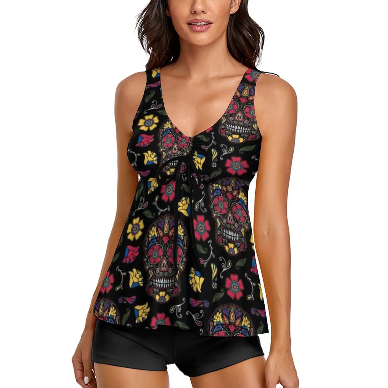 Halloween Day of The Dead Tankini Swimsuit Skull Flowers Print Bath Swimwear Two-Piece Simple Bathing Suit Beachwear Plus Size 
Halloween Day of The Dead Tankini Swimsuit Skull Flowers Print Bath Swimwear Two-Piece Simple Bathing Suit Beachwear Plus Size