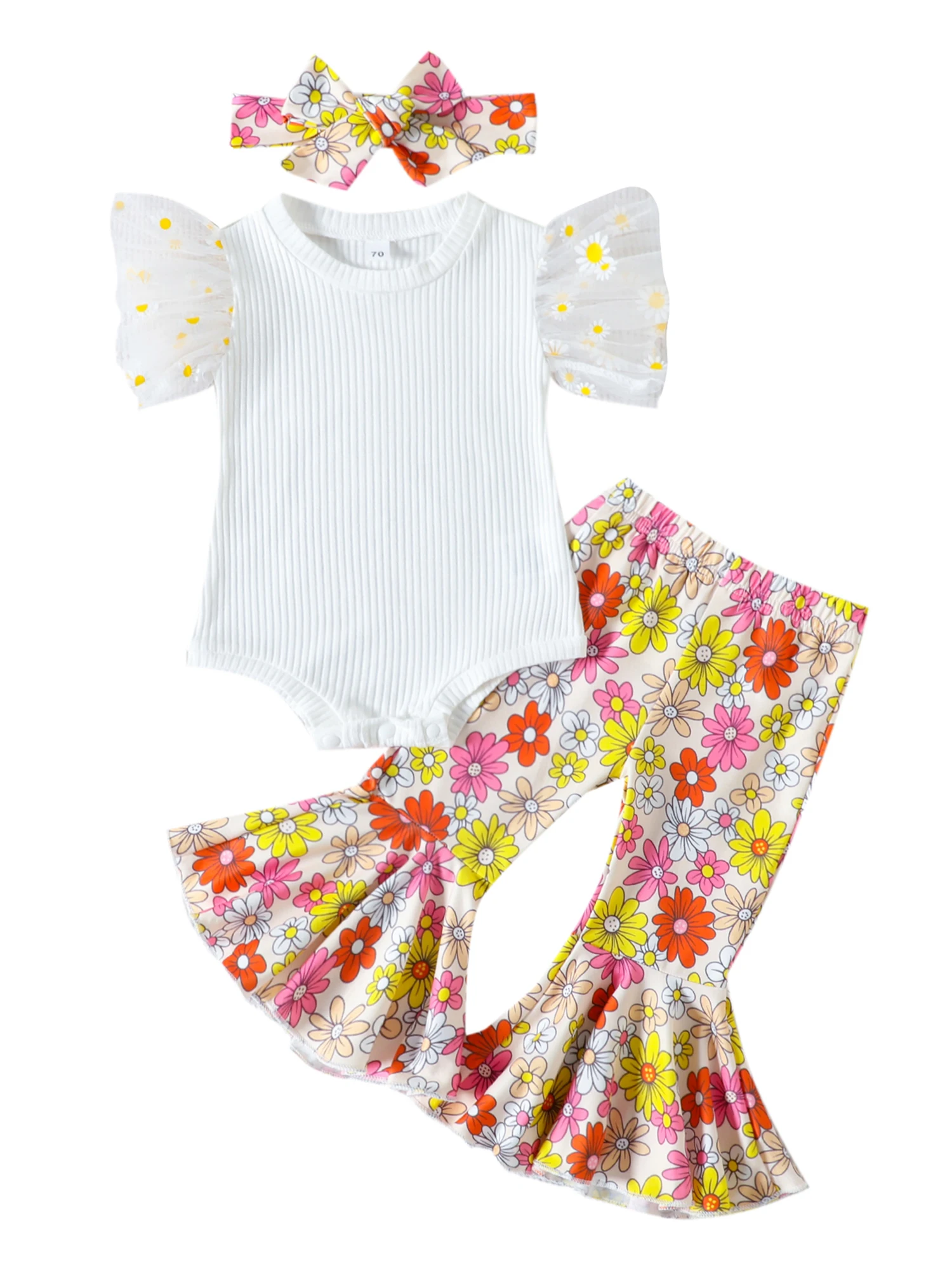 

Toddler Baby Girl Clothes Half First Birthday Outfit Daisy Mesh Sleeve Rib Romper Floral Flared Bell Bottoms Pants