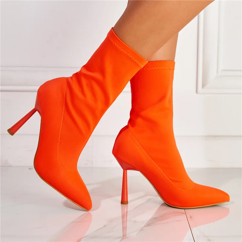 

Женские ботинки на высоком каблуке 11,5 см, эластичные шелковые Ботильоны на каблуке, неоновые, персиковые, оранжевые, зеленые ботинки, ботинк...