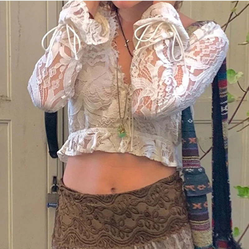 2021 E-Girl Sweet V-Neck Drawstring Ruffles T-Shirts Y2K Cute Hollow Out Flare Sleeve Lace Tops Autumn Vintage White Tees 90s
2021 E-Girl Sweet V-Neck Drawstring Ruffles T-Shirts Y2K Cute Hollow Out Flare Sleeve Lace Tops Autumn Vintage White Tees 90s