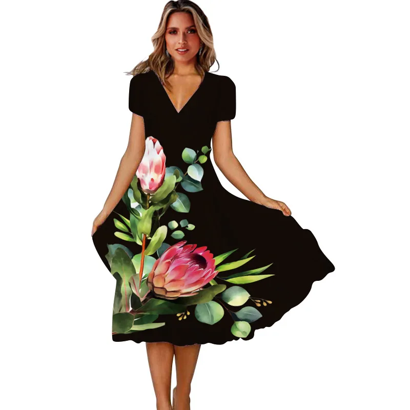 Summer Dress Women Elegant V-Neck Short Sleeve Casual Party Robe Woman Vintage Black Flowers Printed Beach Dresses Vestidos
Summer Dress Women Elegant V-Neck Short Sleeve Casual Party Robe Woman Vintage Black Flowers Printed Beach Dresses Vestidos