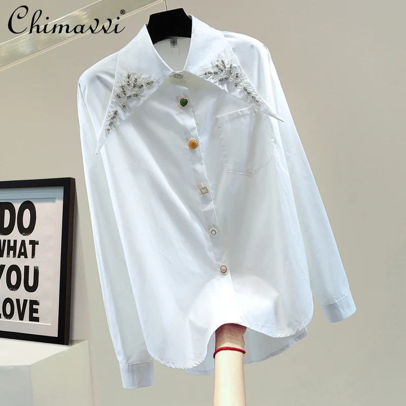 Exquisite Rhinestone Beaded Shirt 2022 Spring Korean Fashion Loose Personalized Button Solid Color Casual Long Sleeves Blouse
Exquisite Rhinestone Beaded Shirt 2022 Spring Korean Fashion Loose Personalized Button Solid Color Casual Long Sleeves Blouse