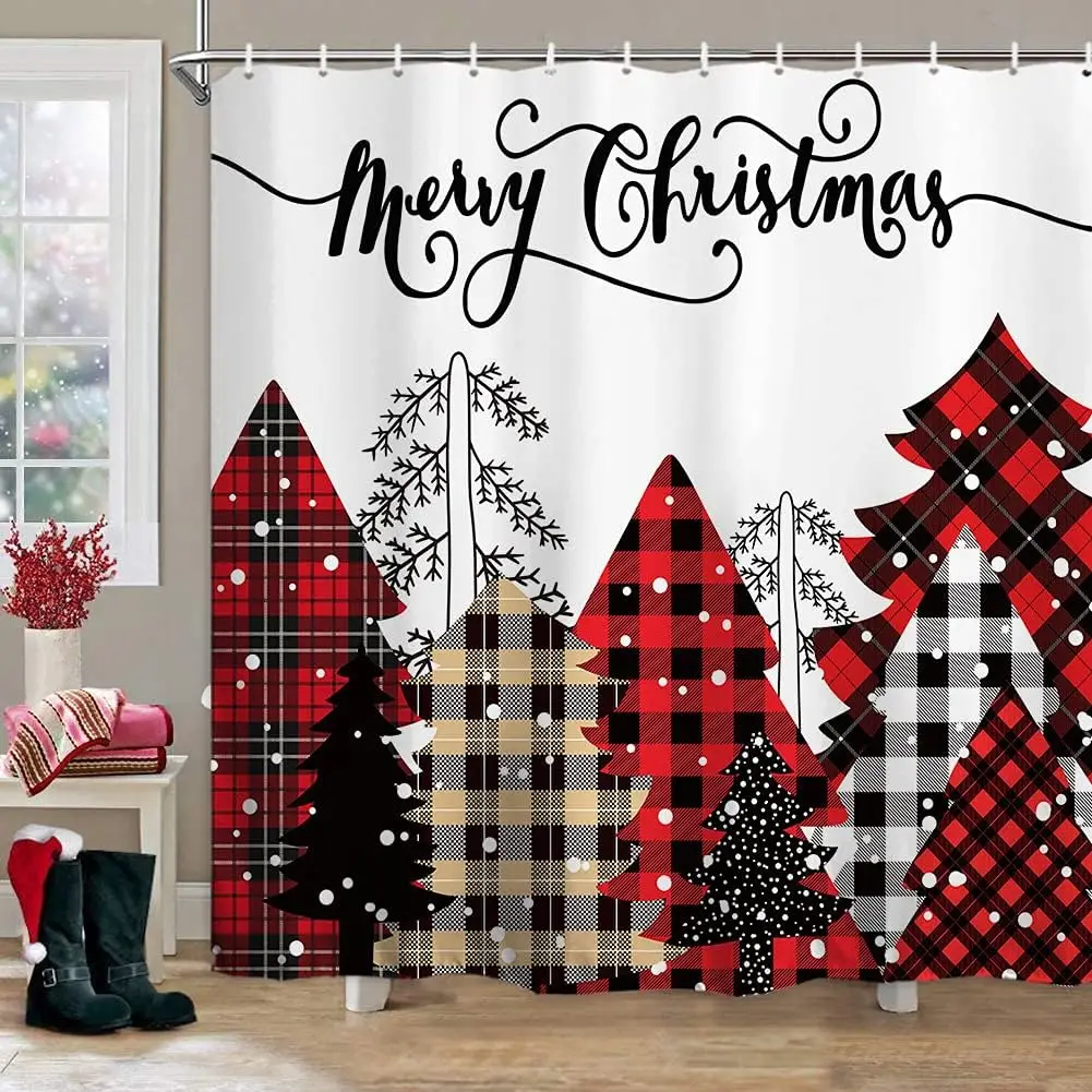 

Занавеска для душа с надписью "Merry Christmas", в красную клетку буйвола, Рождественская елка, снежный лес, фермерские моющиеся шторы для душа, декор для ванной комнаты
