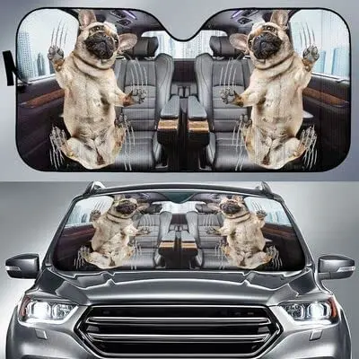

Funny Pugs Scratching Window Glass Car Sunshade, 3D Black and Tan Pugs Scratching The Window Auto Sun Shade, Pugs Scratching Win