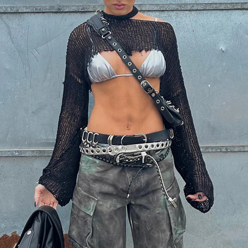 Hollow Out Gothic Streetwear Fishnet Sweater Black Crop Top Women Pullovers Long Sleeve Knitwear Slim Smock T-shirt New
Hollow Out Gothic Streetwear Fishnet Sweater Black Crop Top Women Pullovers Long Sleeve Knitwear Slim Smock T-shirt New