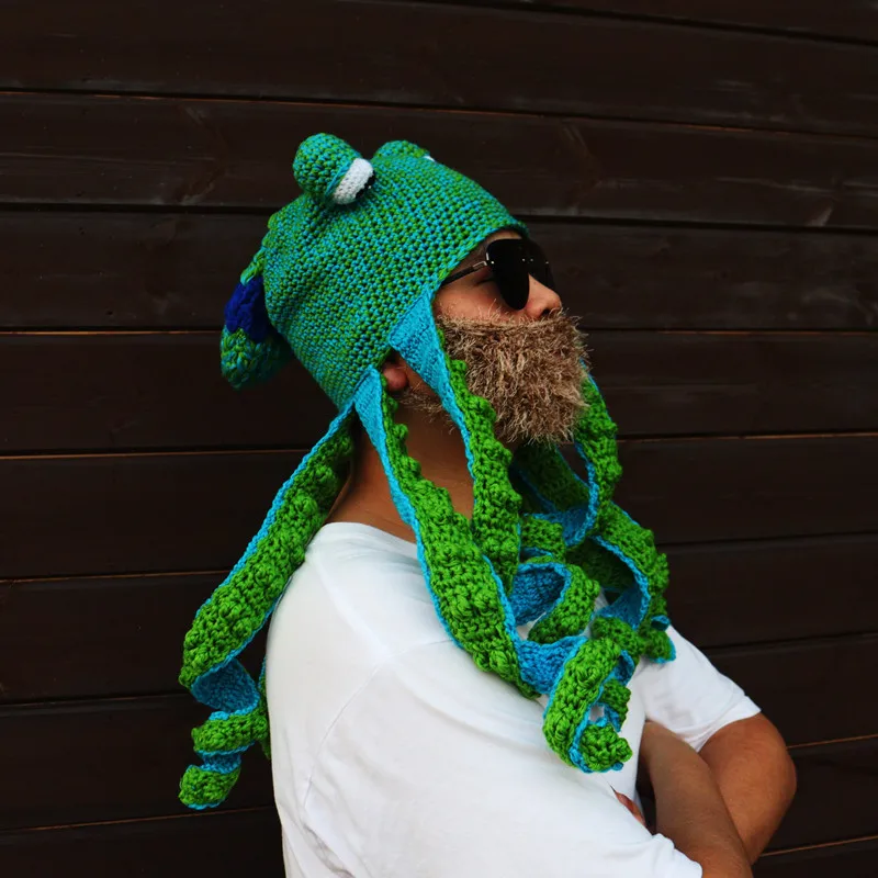 

2023New Octopus Beard Knit Wool Hat Hand Weave Men Christmas Cosplay Party Funny Tricky Headgear Winter Warm Couples Beanie Caps