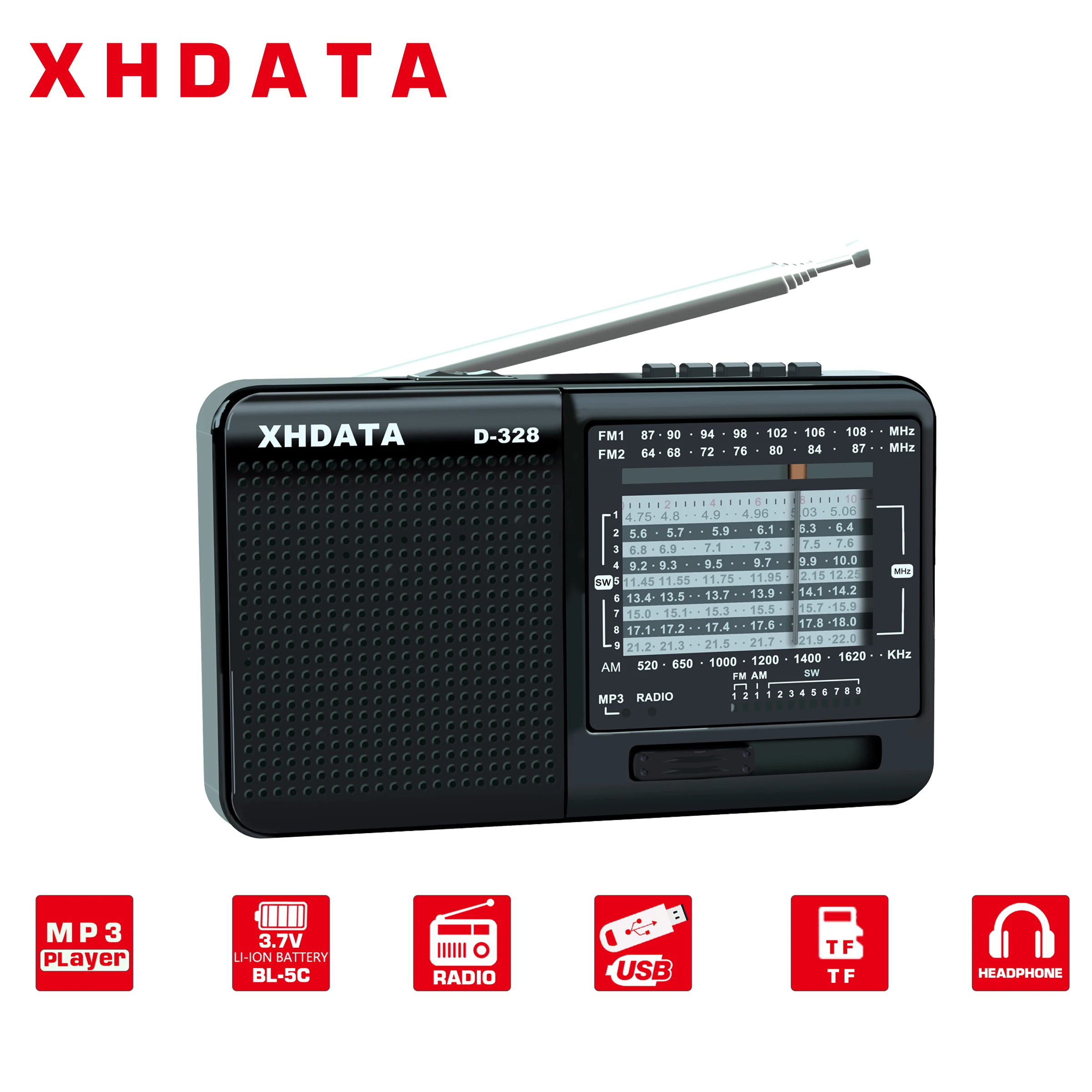 

XHDATA D-328 Portable Radio AM FM SW 12 Bands Pocket Radio with DSP/MP3 Music Player and TF Card Slot USB Mini FM Radio Receiver