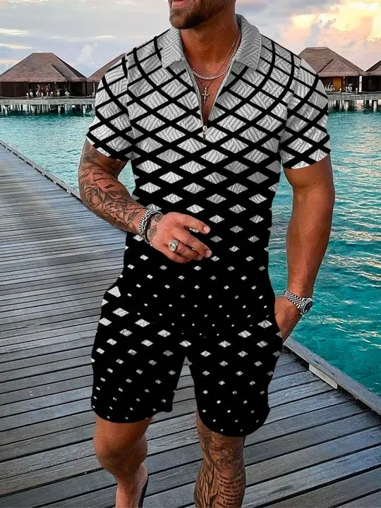 New Zip Polo Shirt Casual Lapel T-Shirt with Shorts Solid Color Stripes Black and White Men's Clothing New Summer Men's Suit
New Zip Polo Shirt Casual Lapel T-Shirt with Shorts Solid Color Stripes Black and White Men's Clothing New Summer Men's Suit