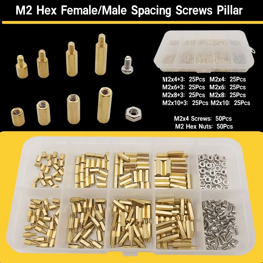 300Pcs/Box Brass M2 Male Female Hex Spacer Pillars Standoff Screw Threaded Nut Assortment Fastener Kit For PCB Circuit Board
300Pcs/Box Brass M2 Male Female Hex Spacer Pillars Standoff Screw Threaded Nut Assortment Fastener Kit For PCB Circuit Board