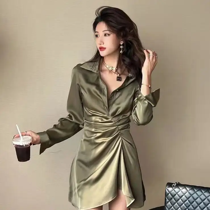 Satin Polo Collar Shirring Stain Silk Dresses Long Shirt Sleeve Tight Waist Hip Wrapped Thigh Short Slip Dress Party Dress T684
Satin Polo Collar Shirring Stain Silk Dresses Long Shirt Sleeve Tight Waist Hip Wrapped Thigh Short Slip Dress Party Dress T684