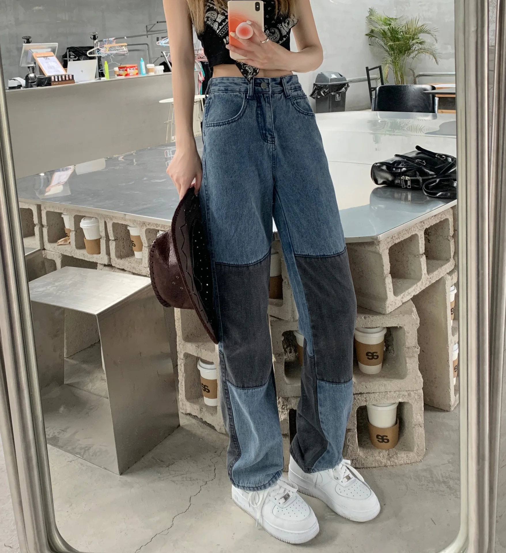 

Korean version women's high waisted jeans street hip-hop collision colour straight loose wide leg pants women trousers tide