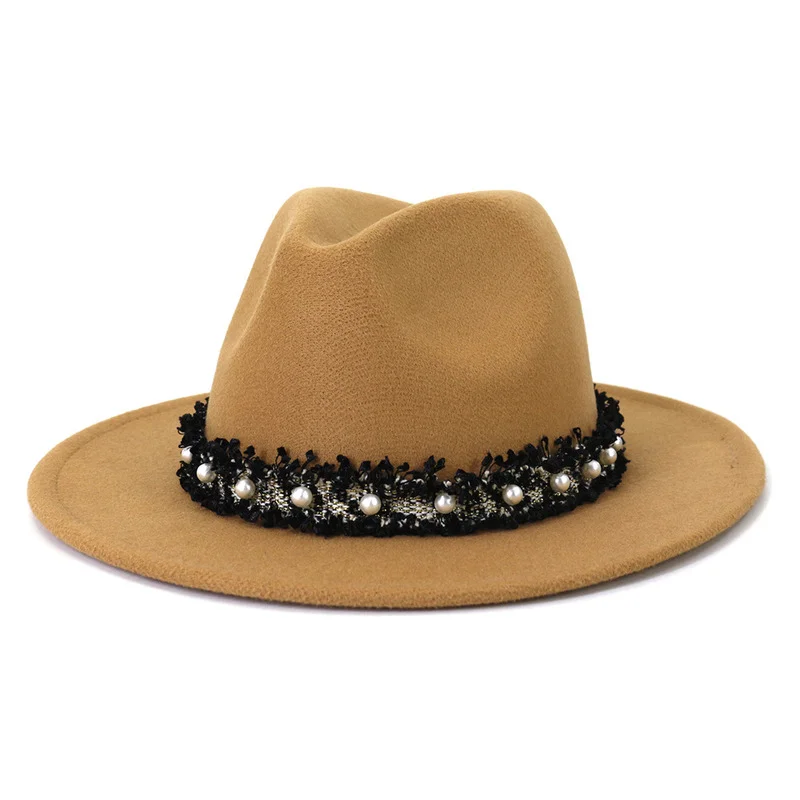 

Pearl leather Belt Decoration Felt Hats Artificial Wool Blend Winter Fedora Hats Church Wedding Party Women's Bowler Hats Jazz