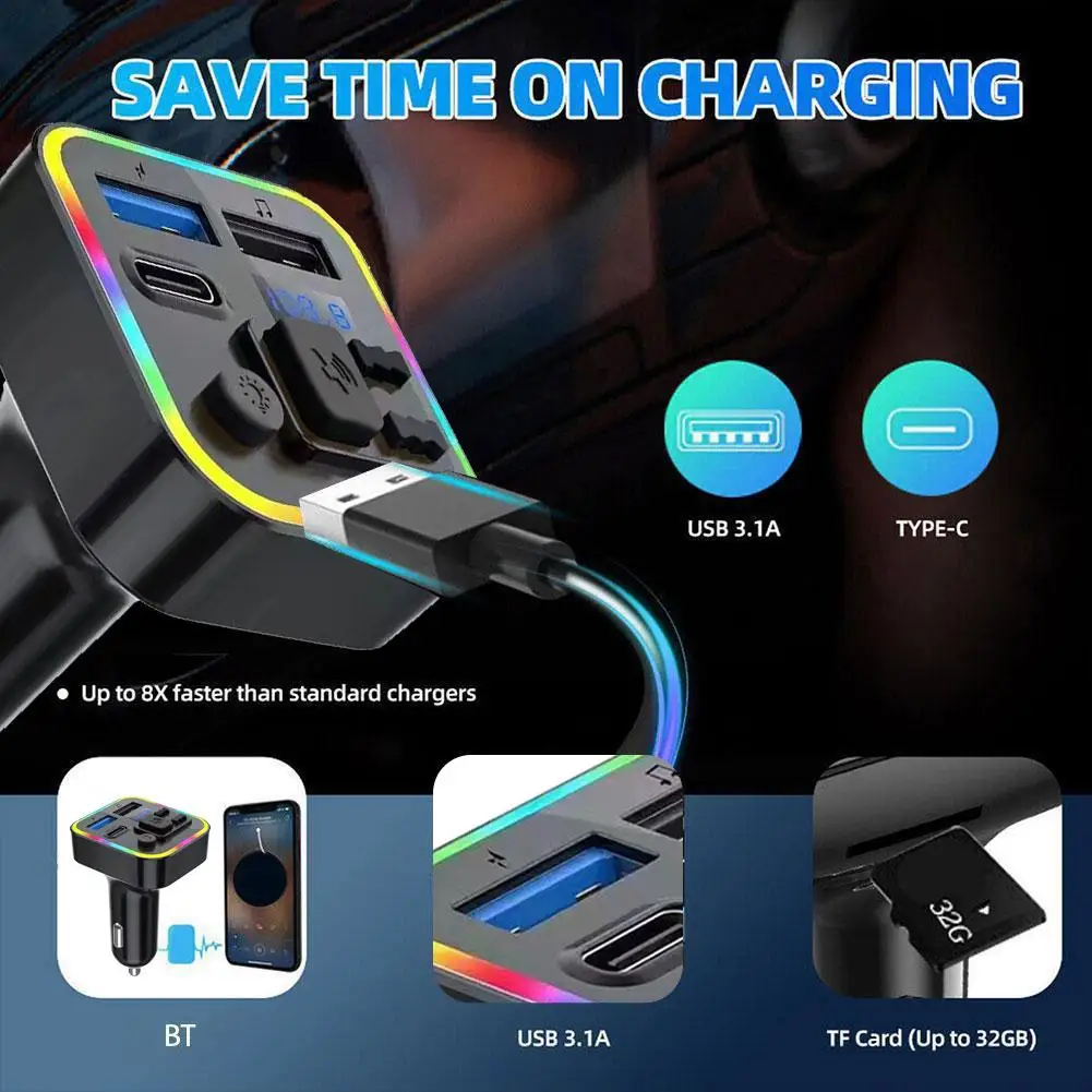 Car Bluetooth 5.0 FM Transmitter PD Type-C Dual USB Player Colorful Fast Light Ambient Handsfree 3.1A MP3 Modulator Charger H8E0
Car Bluetooth 5.0 FM Transmitter PD Type-C Dual USB Player Colorful Fast Light Ambient Handsfree 3.1A MP3 Modulator Charger H8E0