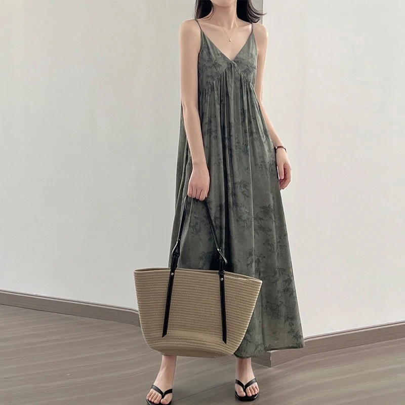 

Женское платье-комбинация без рукавов Johnature, повседневное Свободное платье в китайском стиле с чернильным принтом, V-образным вырезом, корейский стиль, для лета, 2023