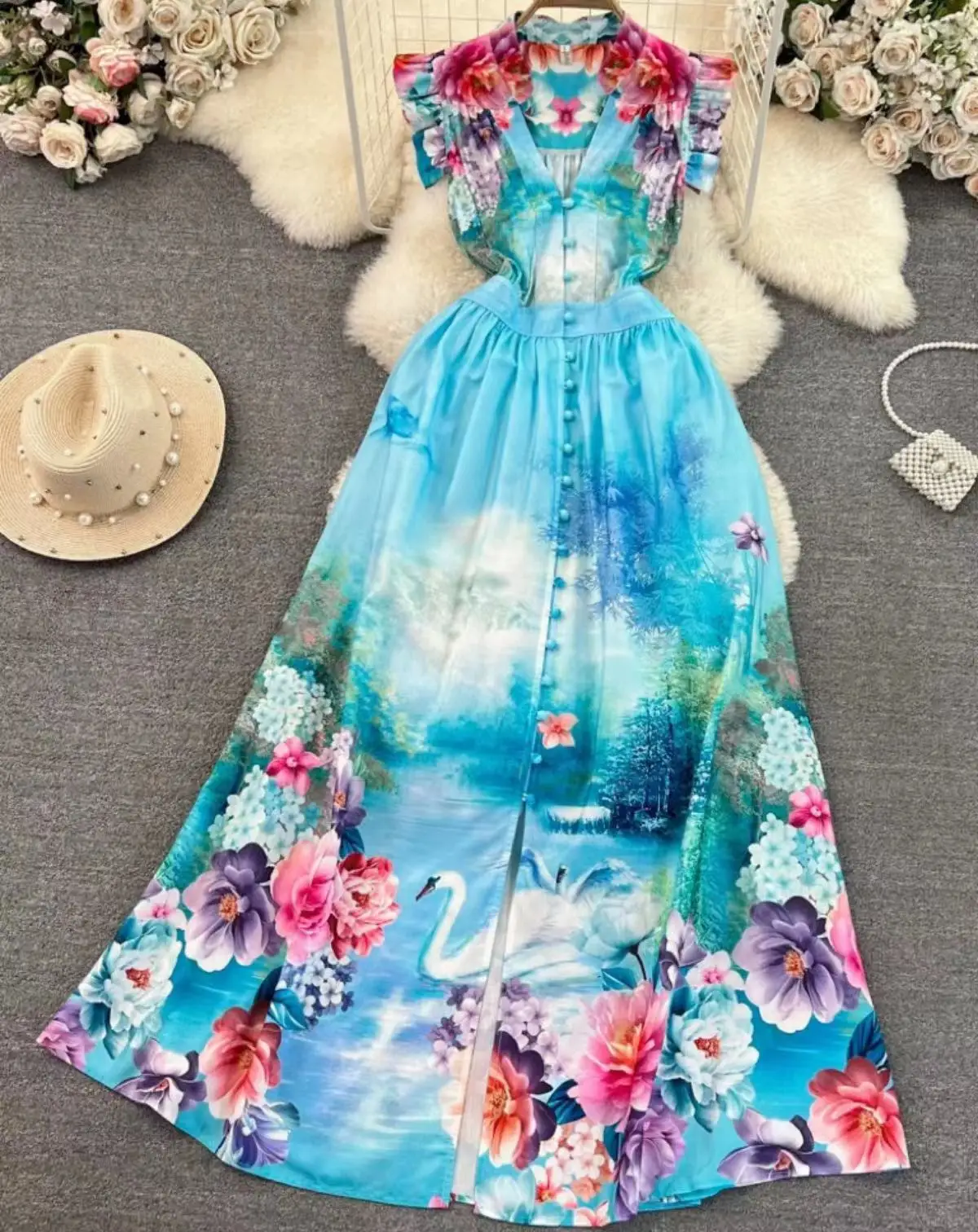 

2023 Summer Flying Sleeves V-Neck Waistband Single Breasted A-line Print Dress Women's Elegant Large Swing Long Dress