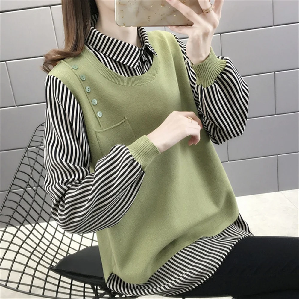 2023 Korean Fashion Shirt Collar Fake Two Women's Blouse Sweater Early Autumn New Loose Long Sleeve Strip Outer Sweater ZY6407 
2023 Korean Fashion Shirt Collar Fake Two Women's Blouse Sweater Early Autumn New Loose Long Sleeve Strip Outer Sweater ZY6407