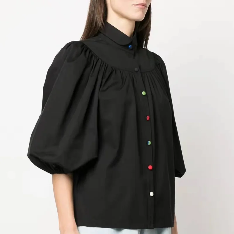 

Женская блузка с рукавами-фонариками, Повседневная Свободная рубашка со складками, модные яркие блузки на пуговицах, 2023