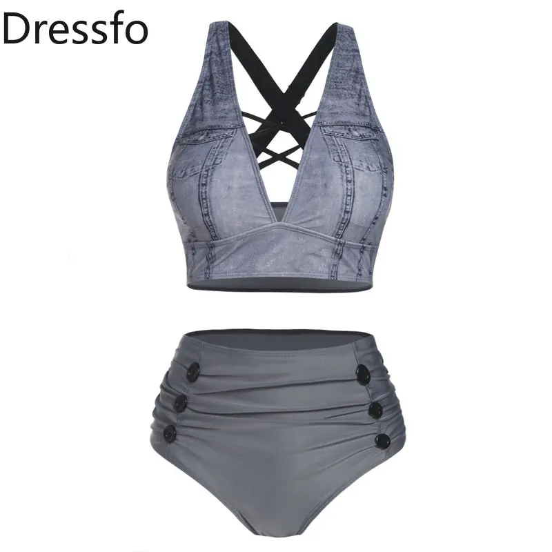 

Dressfo Faux Denim 3D Print Bikini Lattice Crossover Two Piece Swimwear Mock Button High Waist Bathing Suit Female Swimsuit 2023